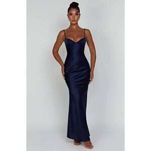 NWT BABYBOO Athena Navy Blue Bias Cut Satin Bustier Maxi Slip Dress, Size XS